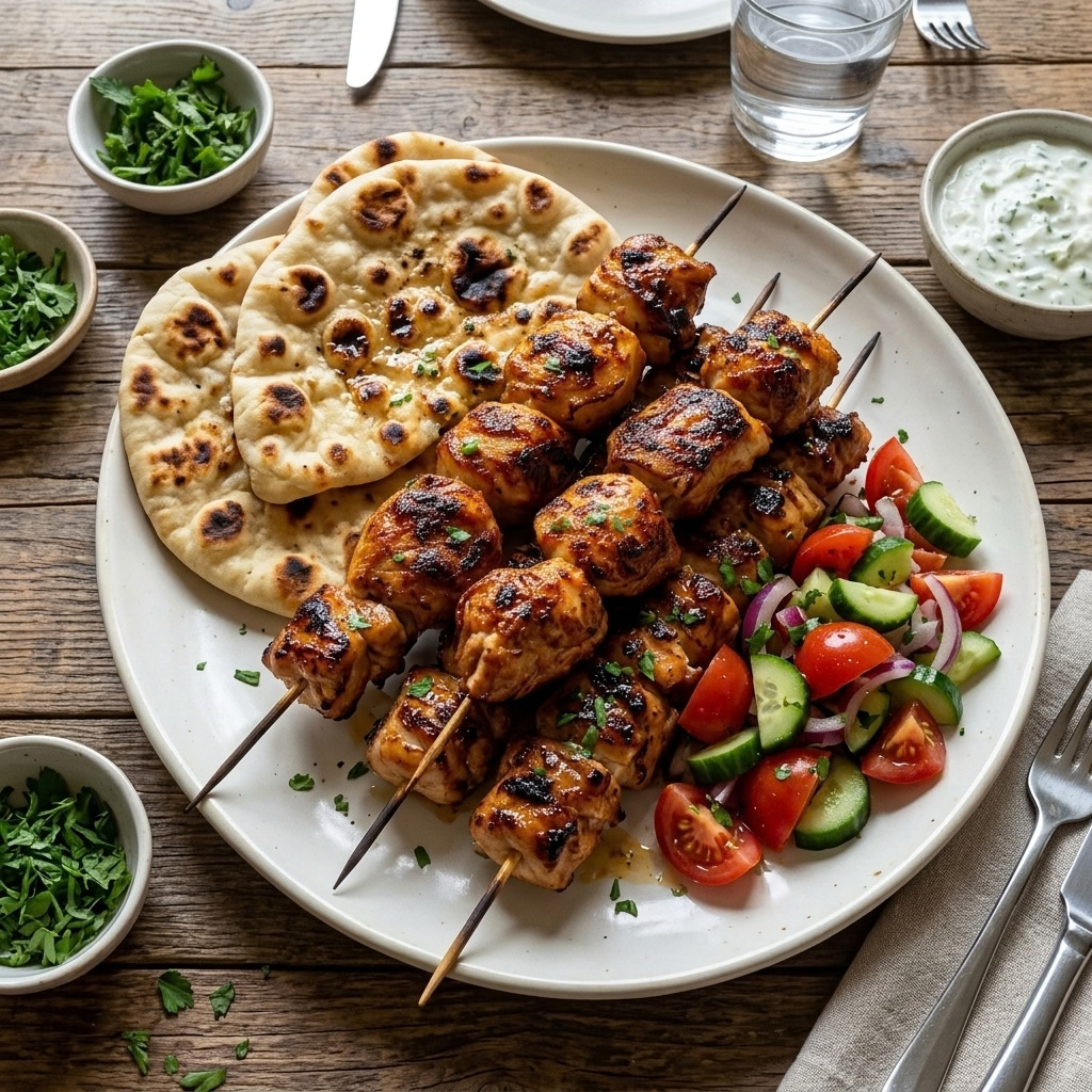 Grilled Chicken Skewers with Naan and Fresh Salad" displayed entirely on a large, off-white ceramic platter on a rustic wooden dining table, with no zoom or blur, keeping everything in sharp and clear focus. The platter is shown completely in the frame, featuring several skewers of heavily glazed, chargrilled chicken pieces with caramelized spots, and sprinkled with chopped fresh herbs. Placed beside the skewers are two pieces of warm, charred, and bubbly naan bread. On the other side is a fresh salad of chopped tomatoes, cucumbers, and red onion. Small bowls of tzatziki sauce and fresh herbs, alongside a water glass and eating utensils, are seen on the textured wood surface, capturing the complete meal's natural, rich golden-brown and red-green colors in a cozy dining setting.