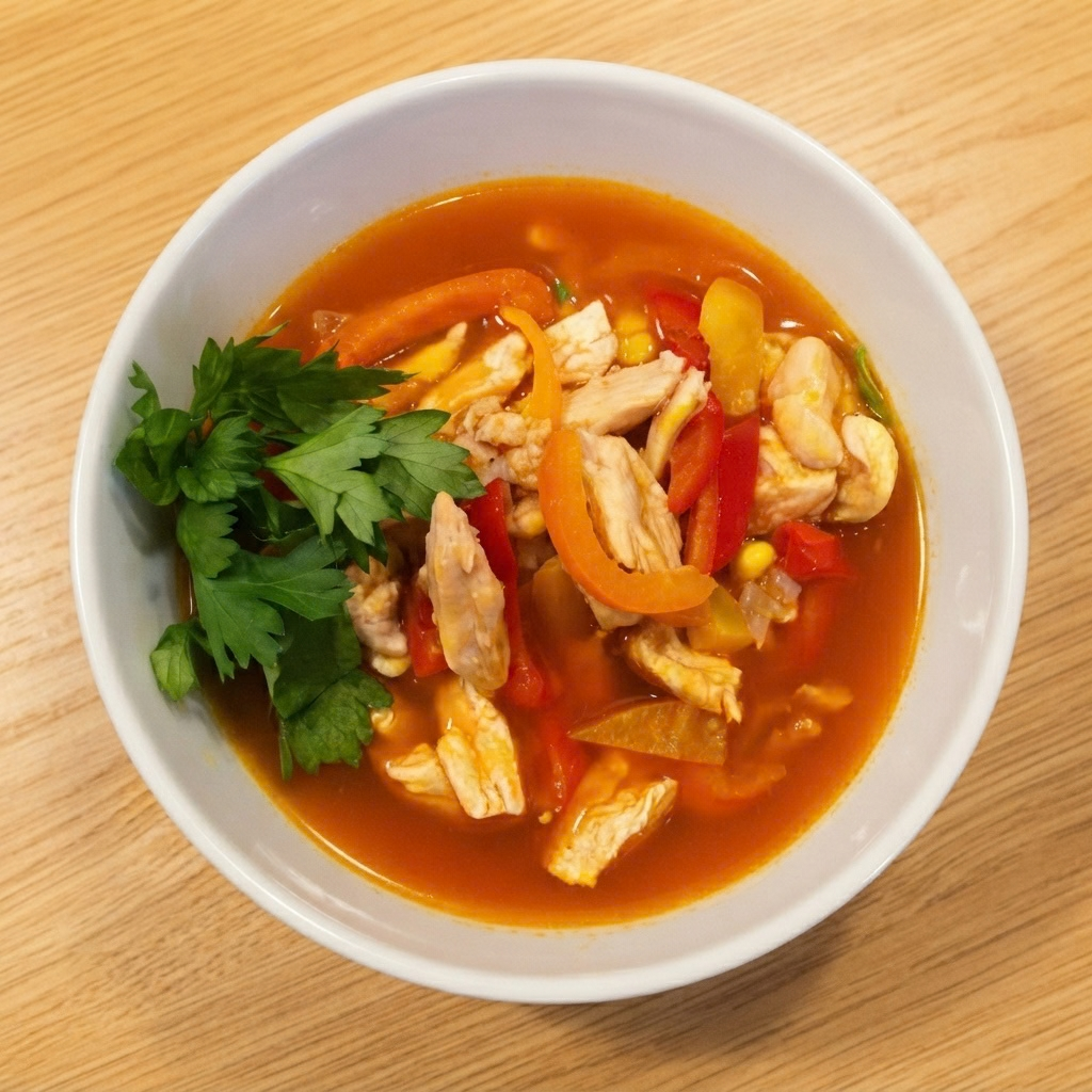 a white bowl filled with a vibrant orange-red tomato-based soup. Generous chunks of cooked chicken, strips of red and yellow bell pepper, and kernels of corn are visible within the rich broth. A large, fresh sprig of green parsley rests on the left side of the bowl as a garnish. The bowl sits centered on a light-grained wooden table. The lighting is even and warm, highlighting the textures of the ingredients. The depth of field is shallow, keeping the soup in sharp focus while the table grain is slightly blurred further out.