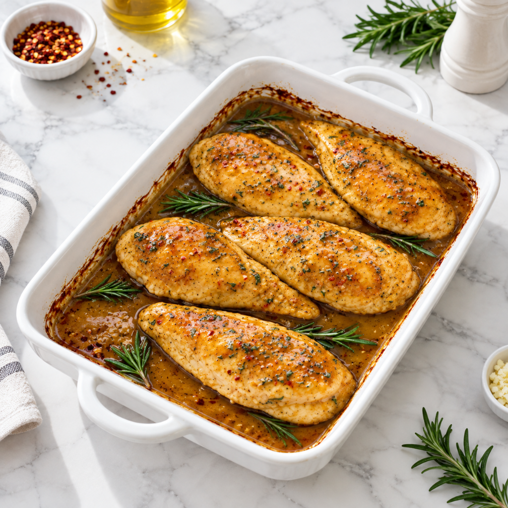 Honey Garlic Baked Chicken Breasts with Rosemary, glazed in a golden honey-garlic sauce and baked in a white casserole dish on a marble surface.