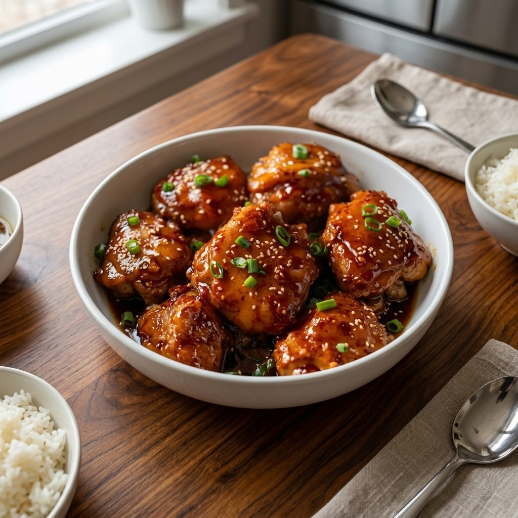 Honey garlic chicken is a flavorful crockpot meal made with tender chicken thighs, sweet honey, garlic, soy sauce, and a touch of seasoning. The slow cooking process helps the sauce soak into the chicken, creating a juicy and delicious dinner.