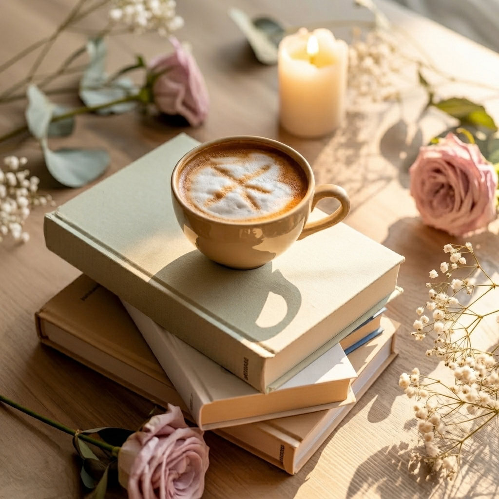 Latte on Books With Afternoon Sunlight