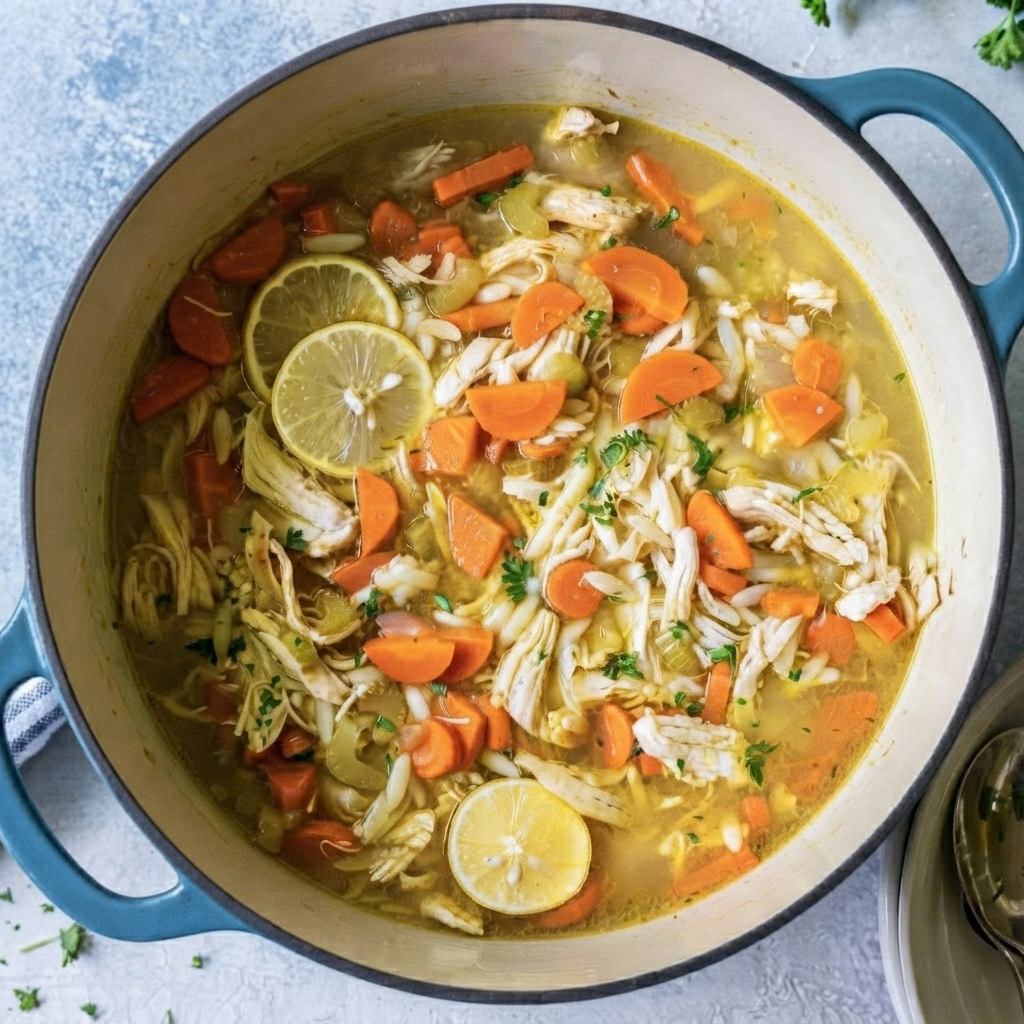 a large blue Dutch oven filled with steaming lemon chicken soup. The light golden broth is packed with tender shredded chicken, sliced carrots, celery, pasta, and vibrant fresh lemon rounds scattered throughout.