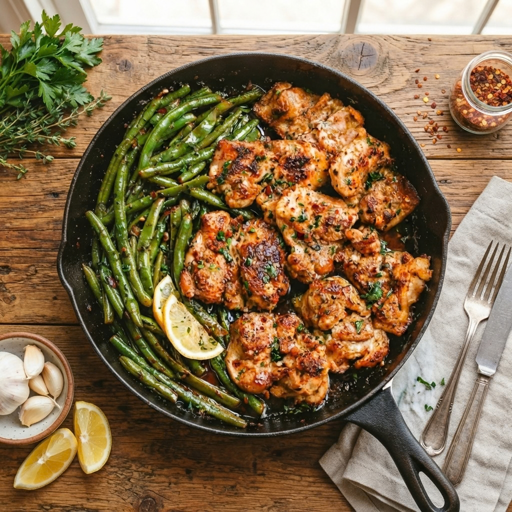 a skillet meal featuring seasoned chicken thighs and green beans tossed with lemon and herbs
