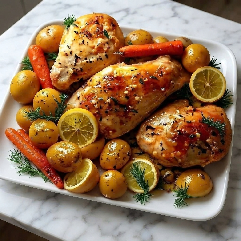 A white serving platter filled with roasted chicken breasts, baby potatoes, carrots, lemon slices, and fresh dill on a marble countertop.
