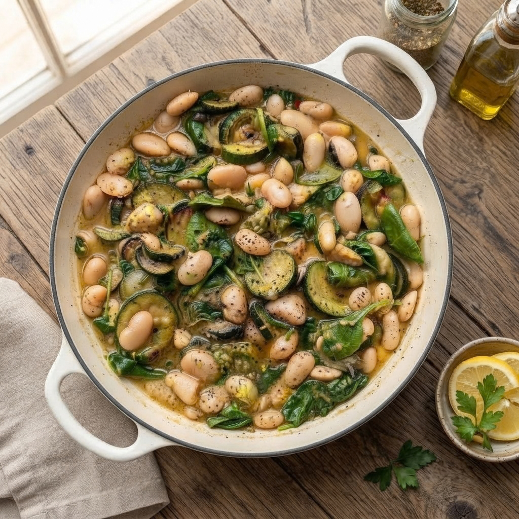 a white ceramic braiser containing white beans simmered with rounds of zucchini and wilted spinach in a light broth, set on a rustic wooden surface next to a jar of spices, olive oil, and a small bowl of lemon slices and parsley.