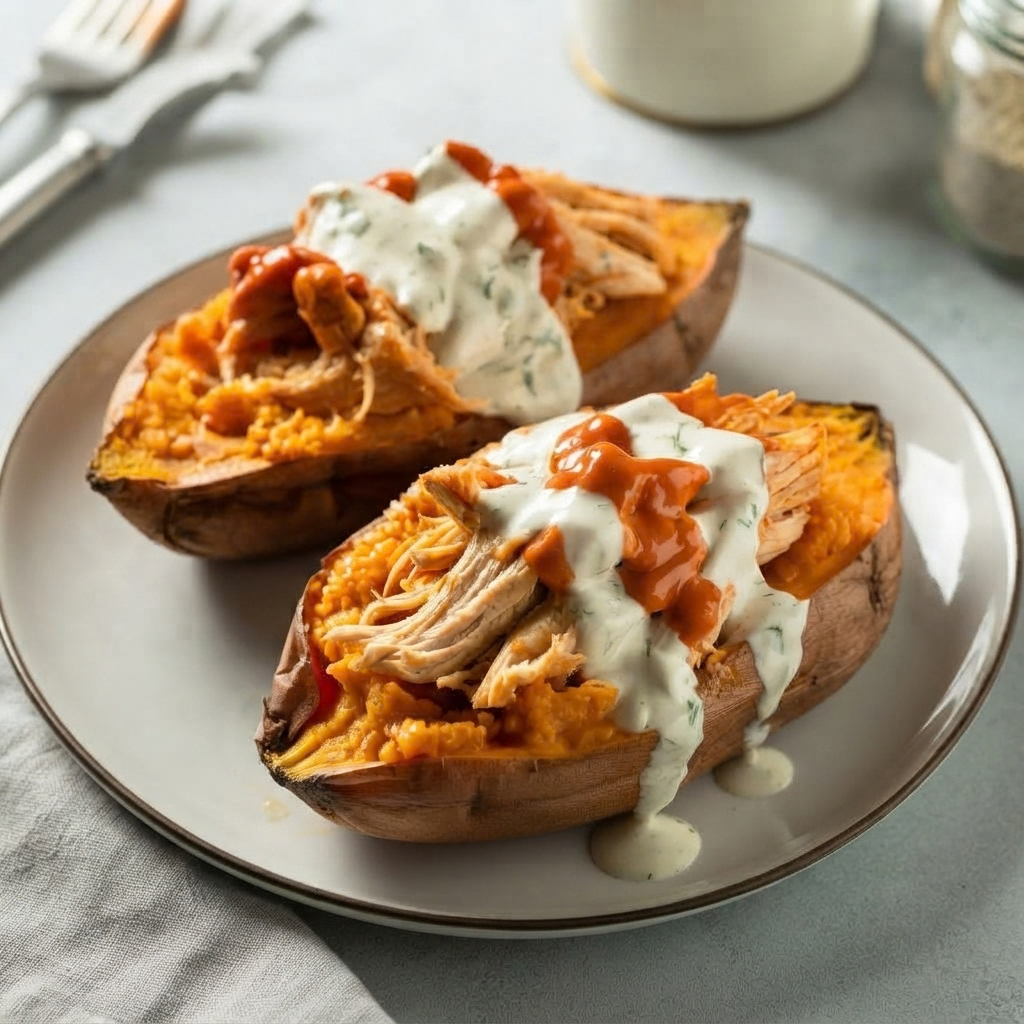 Two baked sweet potato halves loaded with shredded chicken, drizzled with a creamy green herb sauce and a reddish-orange hot sauce on a grey plate.