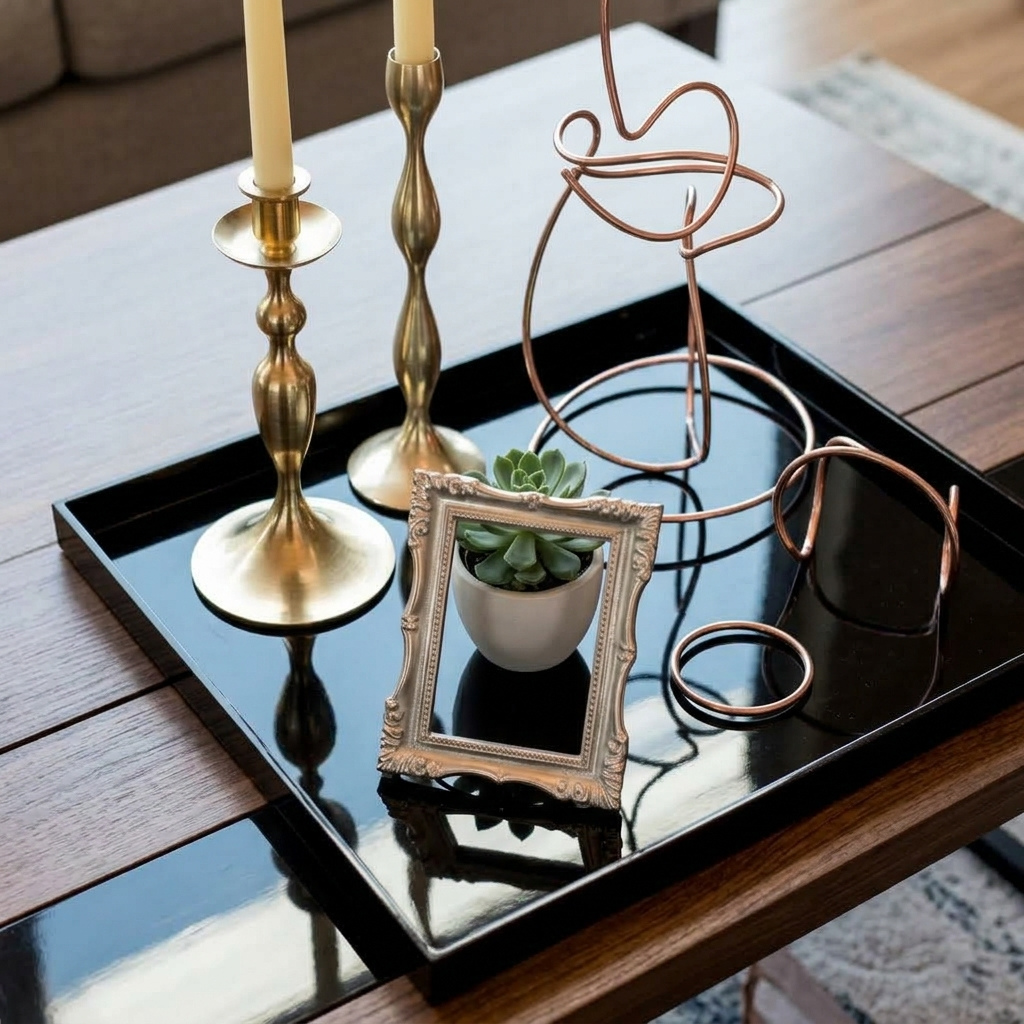 a minimalist decorative black rectangular tray sitting on a dark wooden coffee table. The tray holds two tall brass candlesticks with candles on the left, an ornate small metallic silver picture frame standing in the center, a small potted succulent behind it, and a rose gold sculptural wire piece with decorative metal rings on the right. The entire tray and table surface are visible under natural lighting, showing the natural grain of the wood and the reflection of the decor on the tray."