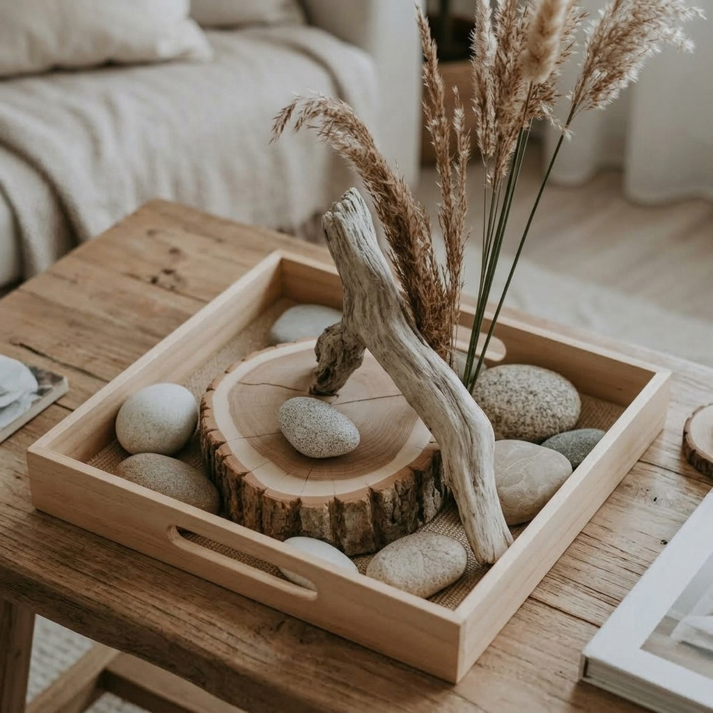 light wood decorative tray resting on a rustic wooden coffee table in a brightly lit living room. Inside the tray, a thick natural wood log slice is visible with a speckled stone on top, alongside a piece of weathered driftwood, various smooth rounded stones, and tall dried ornamental grasses on the right. The entire tray and its natural elements are visible from a natural, unzoomed perspective.