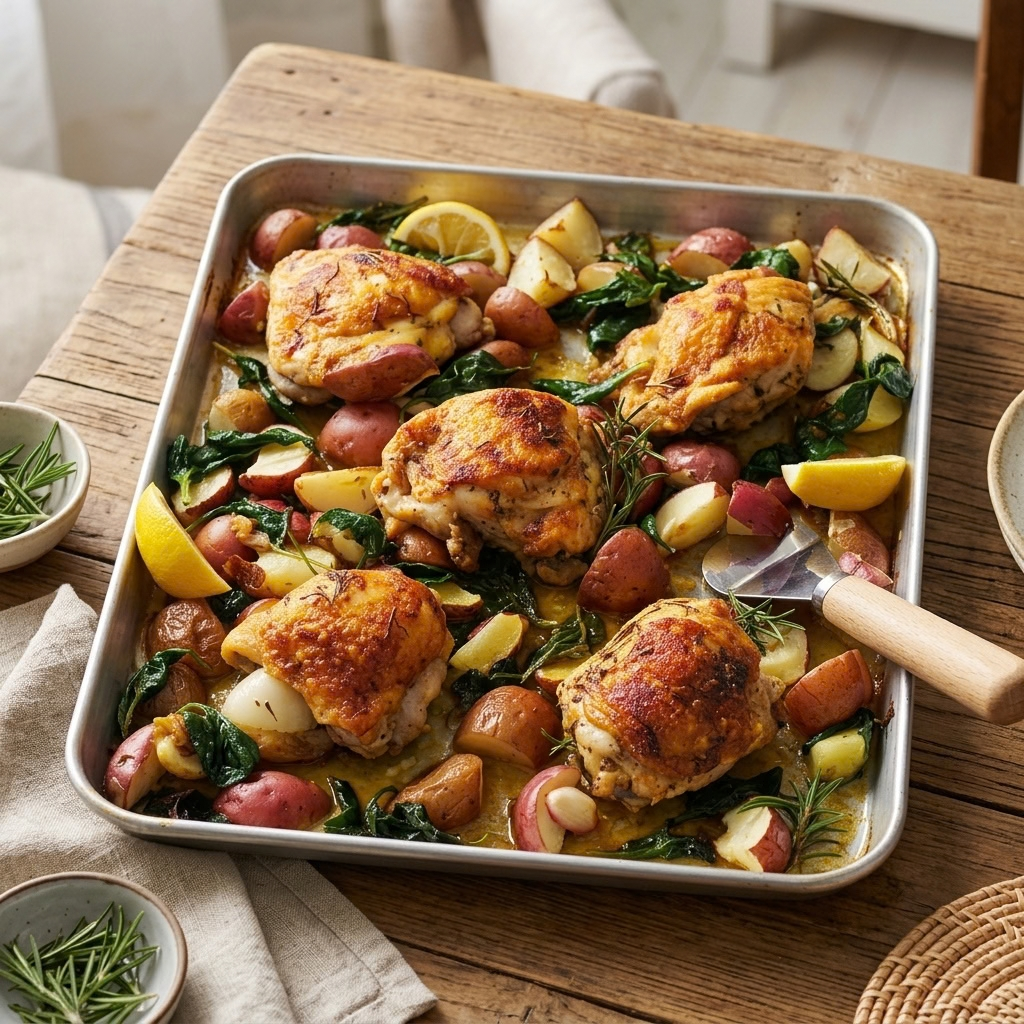 a full metallic sheet pan packed with roasted chicken thighs, red and white potatoes, wilted spinach, garlic, rosemary, and lemon wedges, inspired by image_24.png. The entire tray, with its crispy golden-brown chicken and colorful ingredients, sits squarely on a rustic wooden dining table. A serving spatula rests on the right. Surrounding the pan are small bowls with fresh rosemary, a folded linen napkin, and a glimpse of cozy home indoor lighting, showcasing the meal in its entirety.