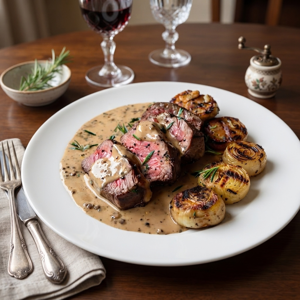 Sliced medium-rare peppercorn steak served with creamy cognac sauce and roasted onion rounds on a white plate
