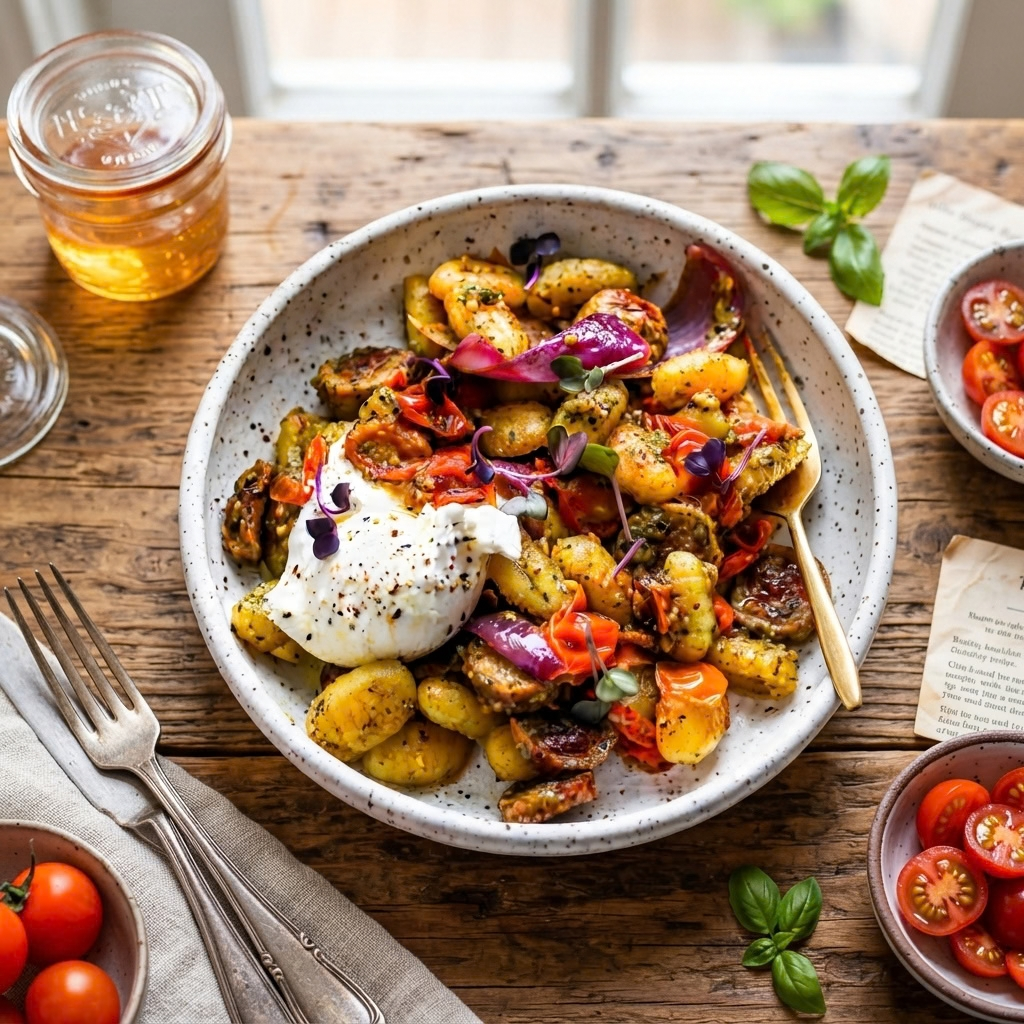 A bowl of pesto gnocchi with sausage, tomatoes, red onion, and a dollop of burrata cheese on a wooden table.