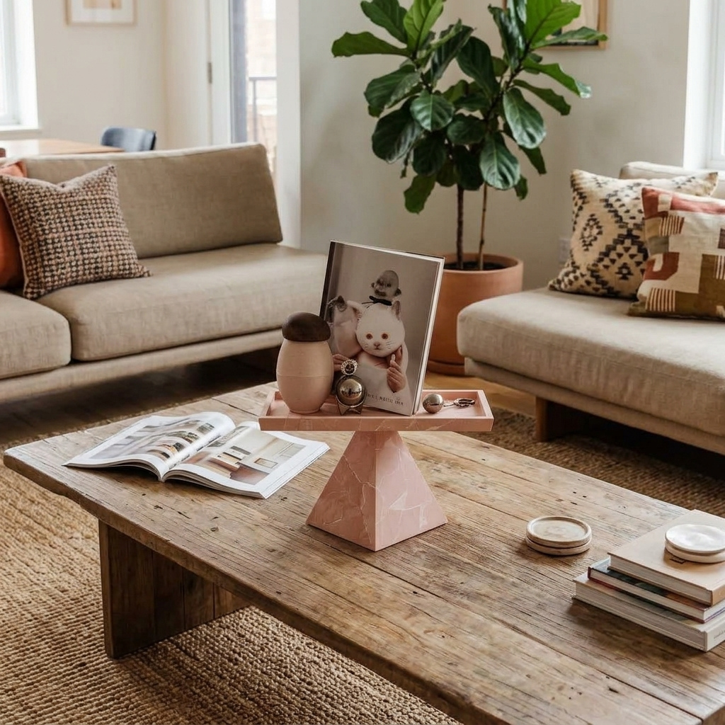 Playful Asymmetrical Balance Coffee Table Tray Decor" displayed in its entirety on a long, rustic wooden coffee table in a modern living room. The eye-catching pink marble-textured pedestal tray with its distinct pyramid base is fully visible, showcasing its curated objects: a ceramic bottle with a mushroom-like cap, a decorative metallic ball, an art book featuring a person in a white cat mask, and a small key-like trinket. The table also holds an open magazine, coasters, and stacked books, set against a cozy background of low-slung neutral sofas, textured throw pillows, a large potted fiddle-leaf fig plant, and a woven natural-fiber rug.