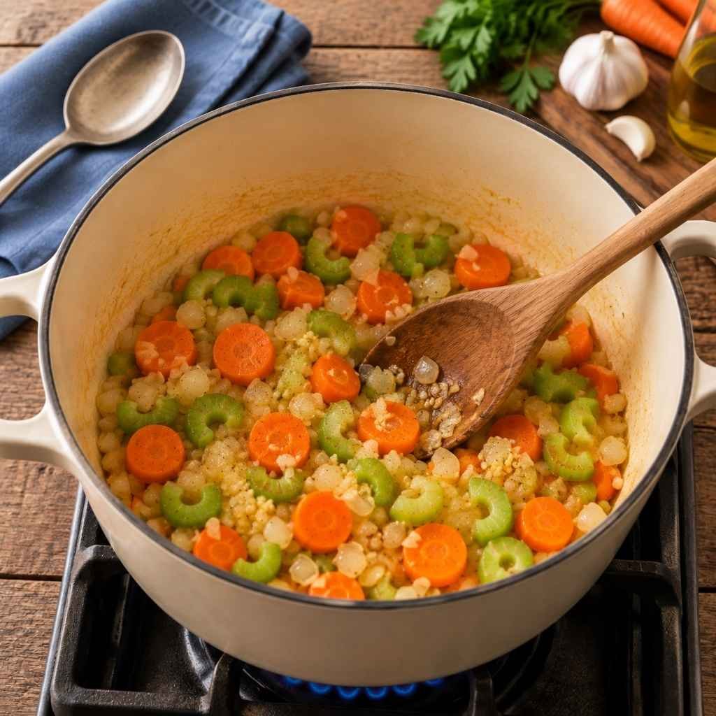 Prepare the Base:
Heat olive oil in a large pot over medium heat. Add the onion, carrots, and celery, then cook for about 5 minutes until the vegetables begin to soften. Add the garlic and cook for another minute until fragrant, being careful not to let it brown.