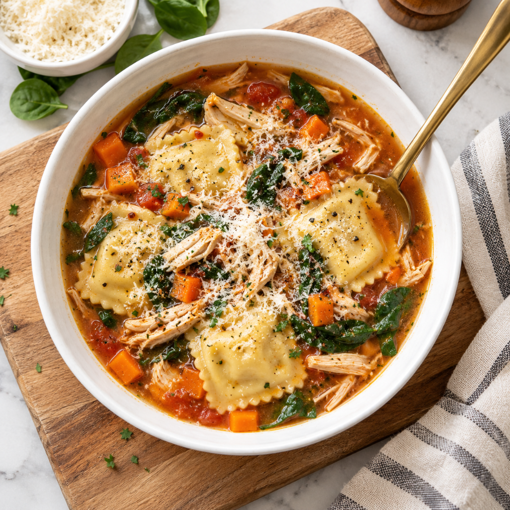 a white ceramic bowl filled with hearty ravioli soup on a wooden board. The rich tomato broth contains square ravioli pasta, tender shredded chicken, diced carrots, and wilted spinach, generously garnished with freshly grated parmesan cheese and black pepper, with a gold spoon resting on the side.