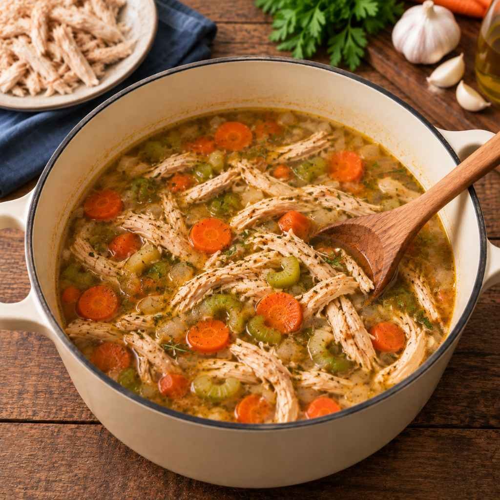 Remove the Chicken:
Carefully remove the chicken from the pot and allow it to cool slightly. Remove the skin and bones, then shred the meat into bite-sized pieces.
Return the shredded chicken to the soup and stir to combine.