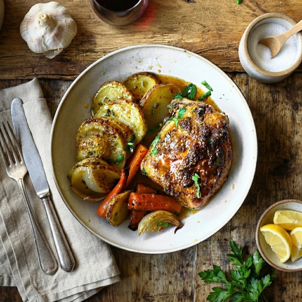 a round ceramic plate holding a golden-brown roasted chicken thigh alongside sliced potatoes, carrots, and onions in a savory sauce, set on a rustic wooden table with silverware, a head of garlic, and lemon wedges nearby.