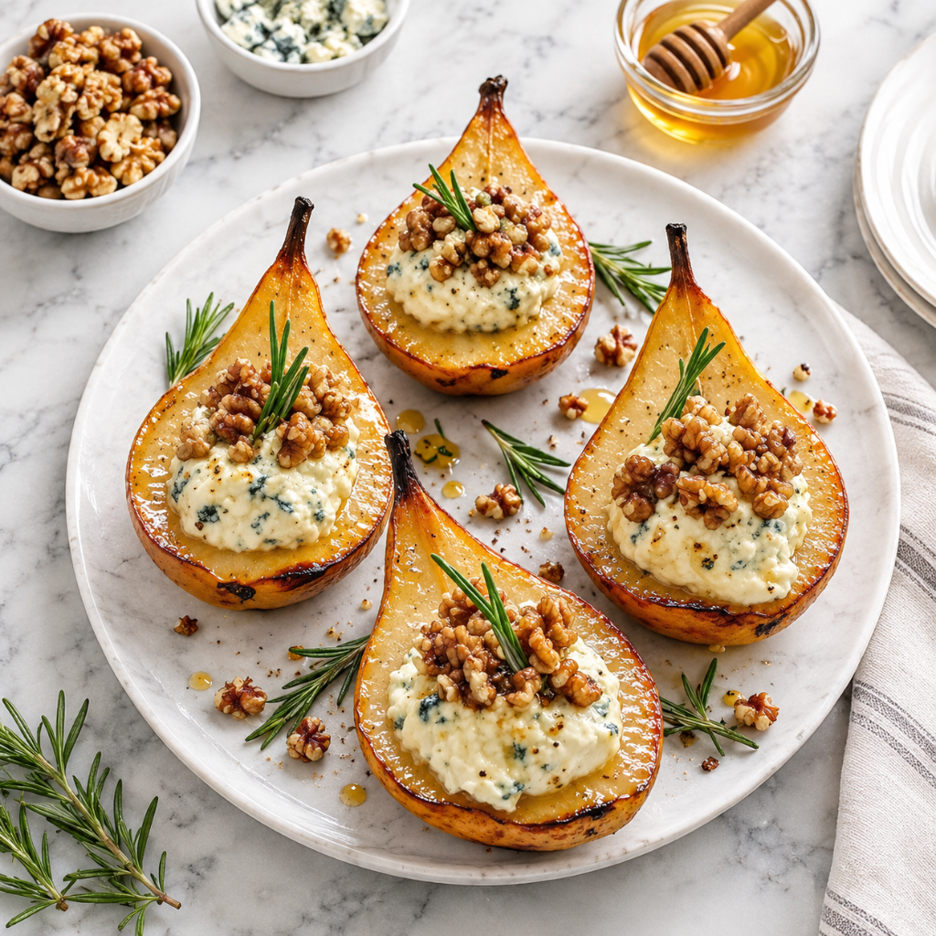 Four roasted pear halves stuffed with blue cheese and topped with chopped walnuts and fresh rosemary on a white platter.