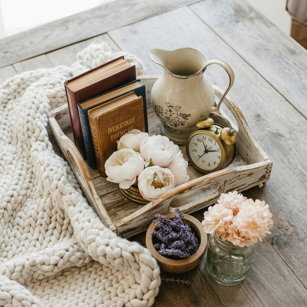 a weathered gray wooden coffee table, captured without zoom to show the full styling. In the center sits a rectangular distressed white wooden tray featuring vintage hardback books, a small bouquet of pale peonies, an ornate cream ceramic pitcher, and a brass alarm clock. To the left, a chunky cream-colored knit blanket cascades onto the table, while a small wooden bowl of lavender and a glass jar with light pink flowers sit to the bottom right. The natural tabletop is fully visible under soft, natural lighting.