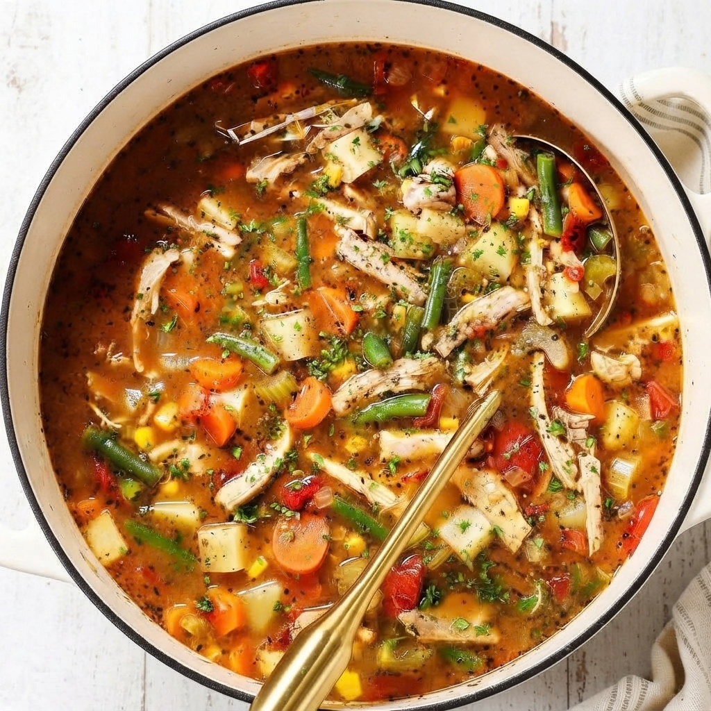 a white Dutch oven filled with a colorful, chunky rustic chicken vegetable soup. A metal ladle is in the upper right, and a long-handled gold spoon rests in the lower center. Visible ingredients include shredded chicken, green beans, diced carrots, potatoes, corn, and celery in a savory broth, garnished with fresh parsley and black pepper. The pot sits on a rustic white wooden table next to a patterned towel.