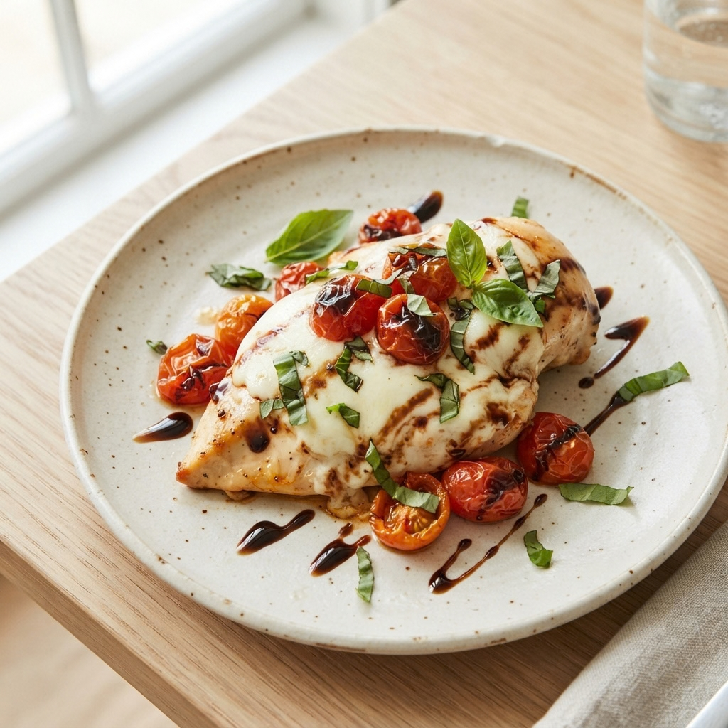 a white ceramic plate featuring a tender chicken breast covered with melted mozzarella cheese, blistered cherry tomatoes, fresh basil leaves, and a dark balsamic glaze drizzle, set on a light wooden surface next to a napkin.