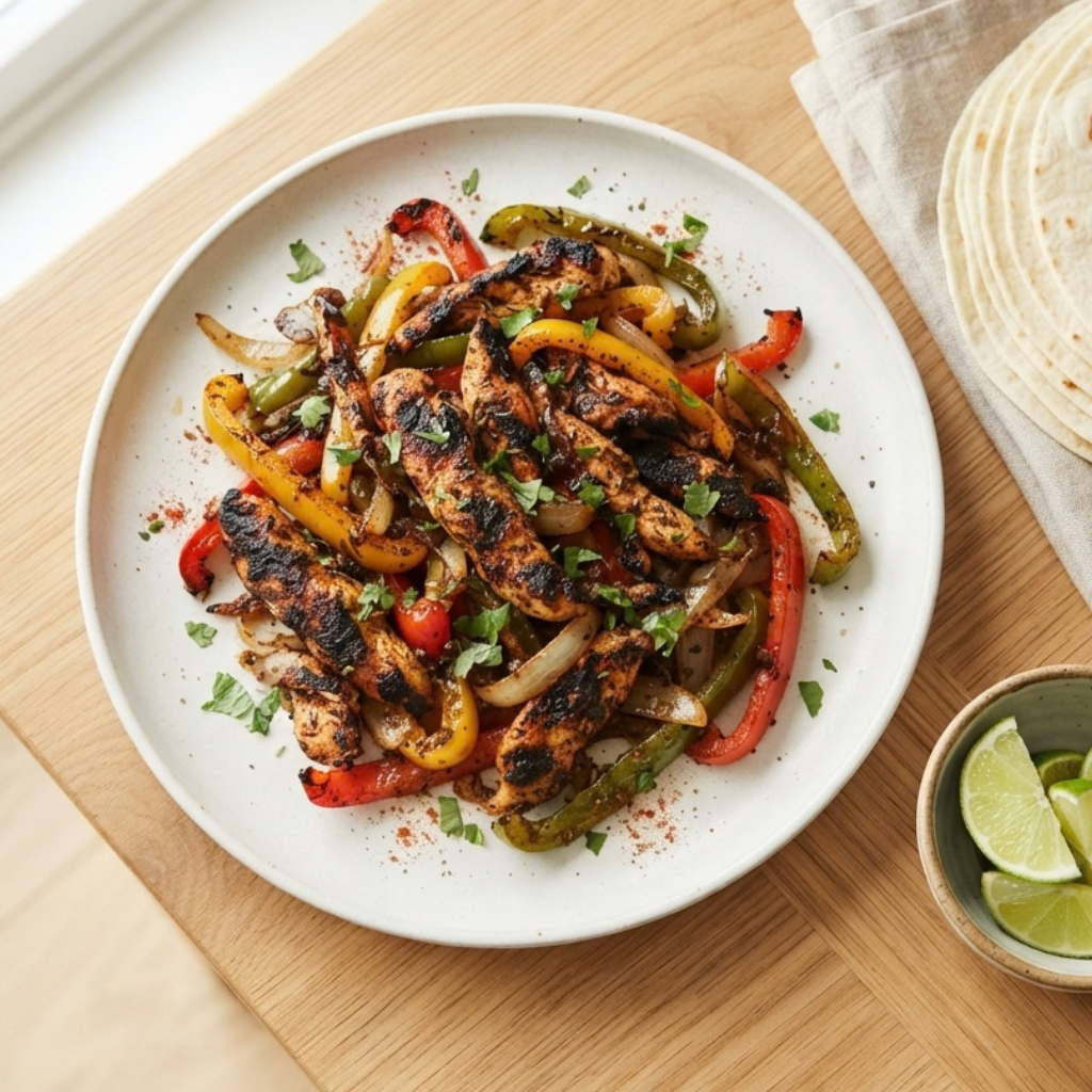 a white plate featuring charred, spiced chicken strips mixed with colorful sliced red, yellow, and green bell peppers and onions, garnished with fresh cilantro, set on a wooden table next to a stack of flour tortillas and a small bowl of lime wedges.