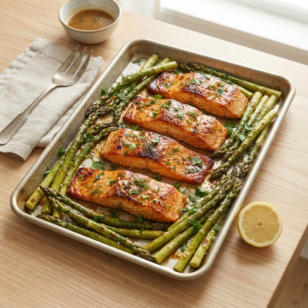 a metal sheet pan holding four seared salmon fillets coated in a honey mustard glaze, surrounded by roasted asparagus spears, garnished with herbs, and set on a light wooden tabletop next to a small bowl of sauce, a fork on a napkin, and a fresh lemon half.