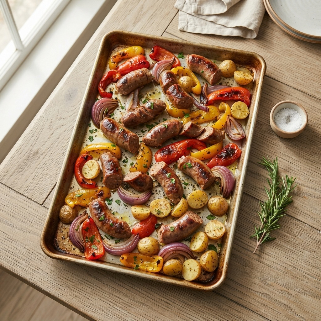 a rectangular baking pan containing browned Italian sausage pieces, sweet red and yellow bell pepper strips, red onion wedges, and roasted baby potatoes tossed in herbs and spices, set on a rustic wooden tabletop next to a bowl of sea salt and a sprig of fresh rosemary