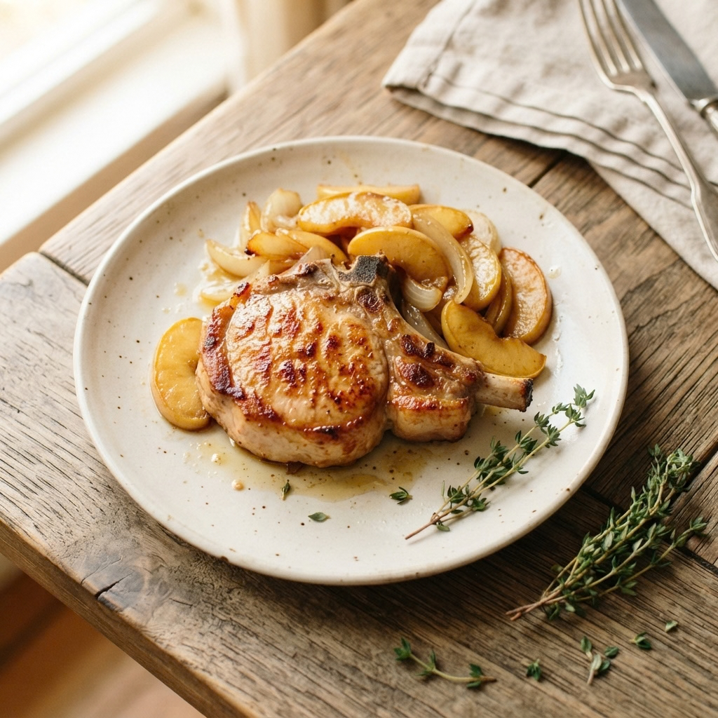 a white ceramic plate featuring a golden-brown pan-seared pork chop resting next to caramelized apple slices and onions, garnished with fresh thyme sprigs and set on a rustic wooden table with silverware on a napkin.