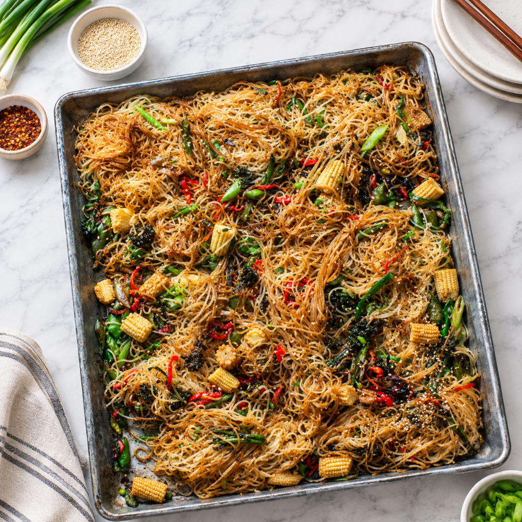 A large metal sheet pan filled with sesame garlic rice noodles, baby corn, and vegetables on a marble countertop.