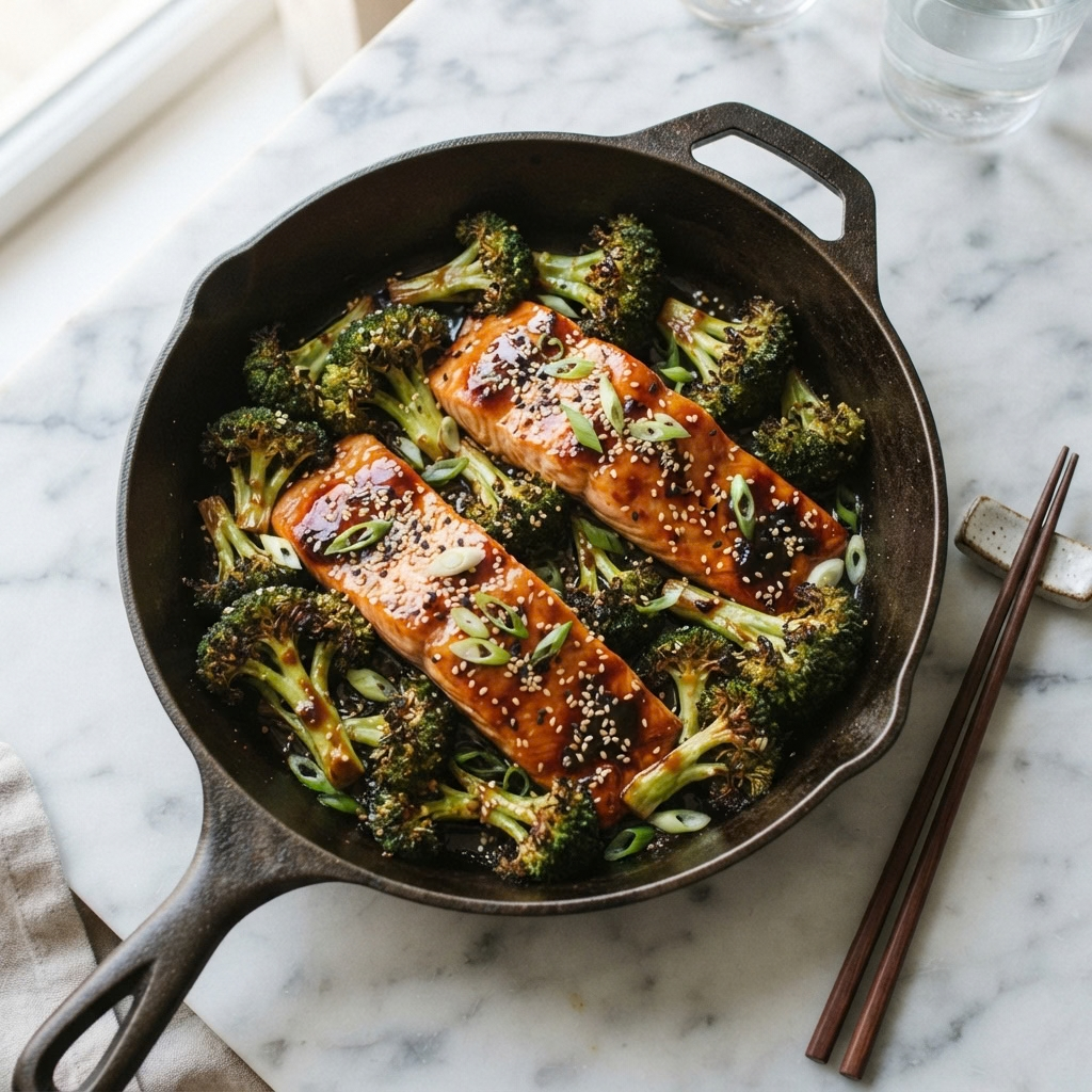 a round black cast-iron skillet containing two teriyaki-glazed salmon fillets resting over roasted broccoli florets, garnished with sesame seeds and sliced green onions, set on a white marble surface next to a pair of wooden chopsticks.