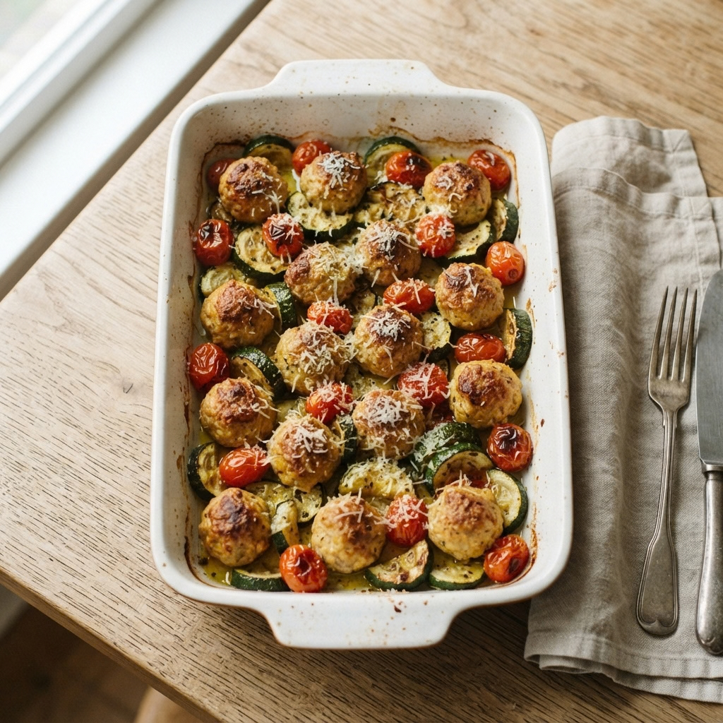 a rectangular white baking dish containing golden-brown turkey meatballs roasted alongside sliced zucchini rounds and blistered cherry tomatoes, sprinkled with grated parmesan cheese, and set on a rustic wooden table next to silverware on a napkin.