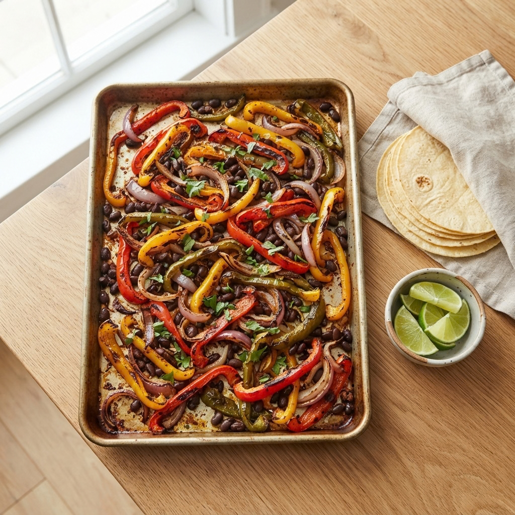 a metal baking sheet containing colorful roasted strips of red, yellow, and green bell peppers, onions, and black beans, garnished with chopped cilantro and set on a light wooden table next to a stack of flour tortillas in a cloth napkin and a small bowl of fresh lime wedges.