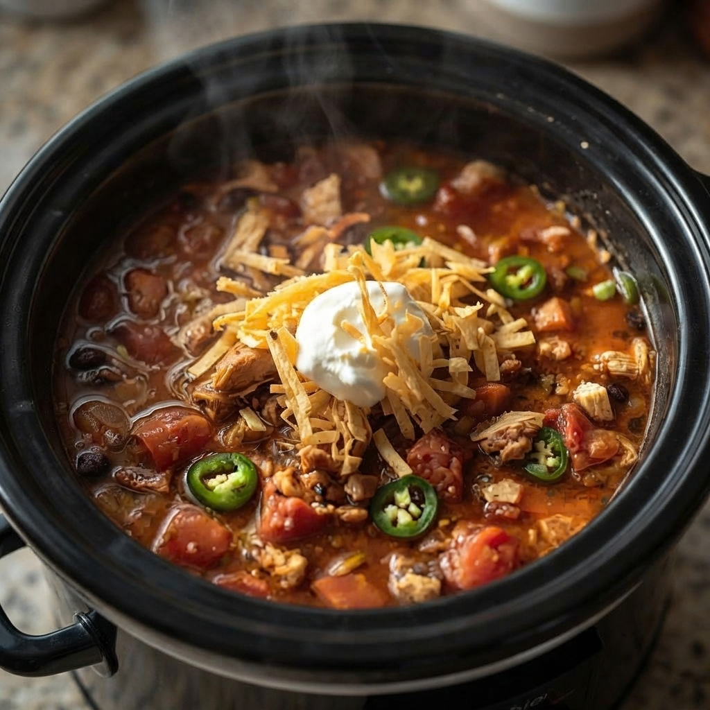 a steaming slow cooker filled with rich chicken tortilla soup. The broth contains chunks of chicken, tomatoes, and beans, and is garnished in the center with crunchy tortilla strips, a dollop of white sour cream, and fresh jalapeño slices.