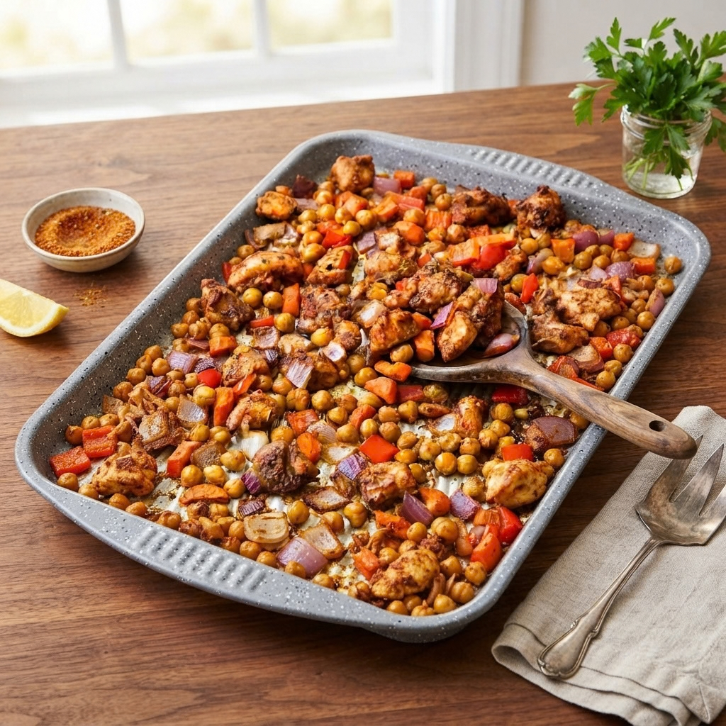 a speckled gray baking pan containing a roasted meal of seasoned chicken chunks, chickpeas, and vegetables, with a wooden serving spoon resting inside, set on a rustic wooden tabletop next to a bowl of spices, a lemon wedge, and fresh parsley.