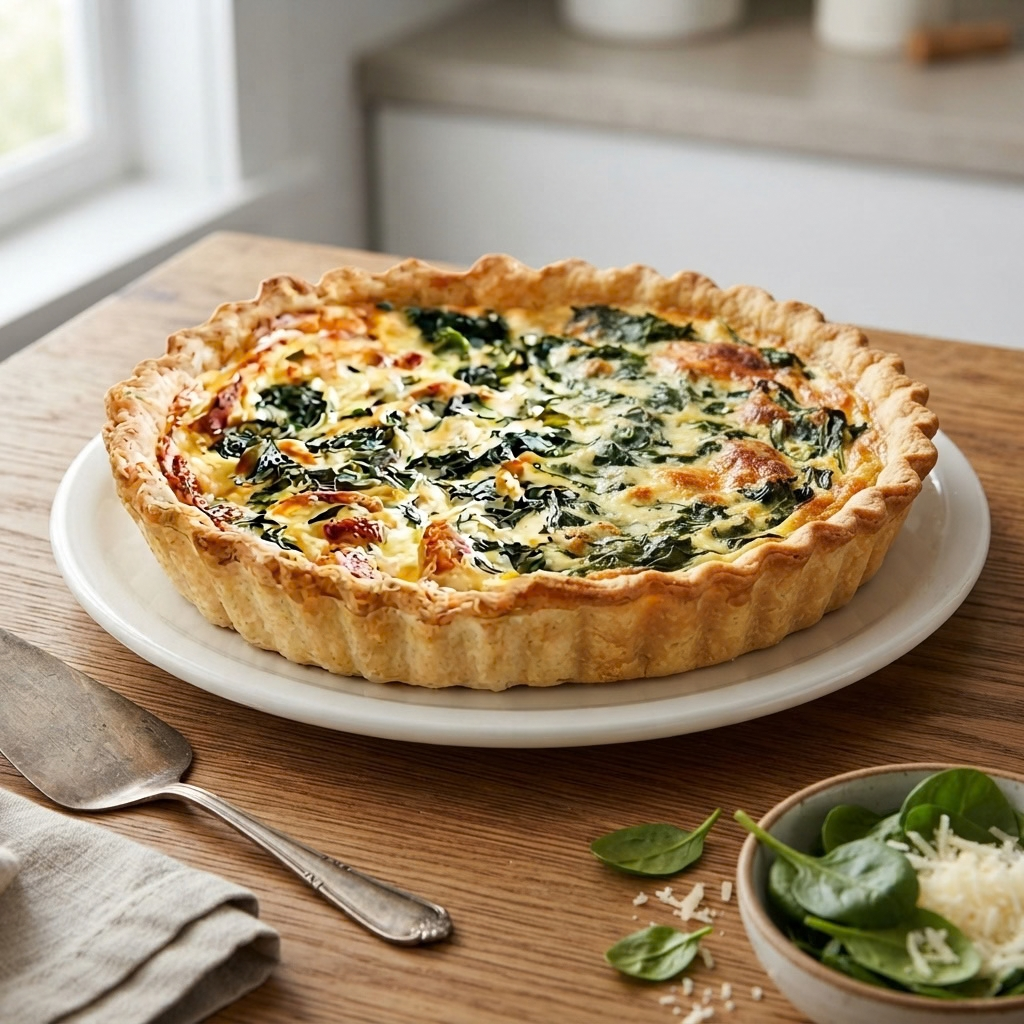 A freshly baked spinach and cheese quiche with a fluted crust on a white serving plate, sitting on a wooden table.