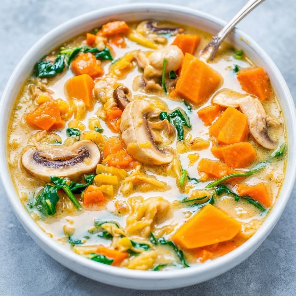 a white ceramic bowl filled with a vibrant, creamy, golden-orange curry-style soup. Generous chunks of cooked sweet potato, sliced button mushrooms, and fresh spinach leaves are submerged in the rich, coconut-based broth. A silver spoon is partially dipped into the soup near the upper right edge. The bowl sits centered on a cool, light-grey textured countertop surface. The natural daylight highlights the textures of the vegetables and the creaminess of the broth.