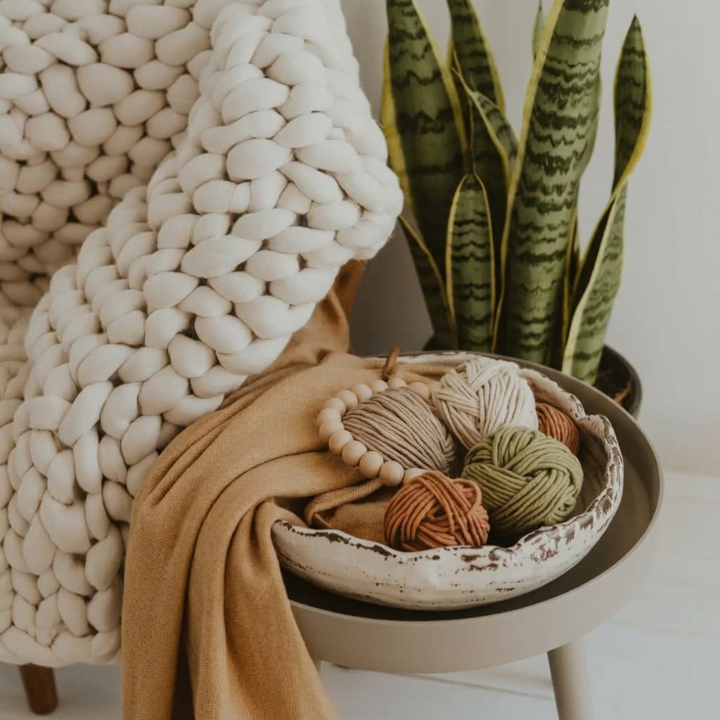 a cozy room corner featuring a round beige side table that holds the entire circular decor tray. Resting on the table is a decorative beige tray containing a textured white ceramic bowl filled with earthy-toned yarn balls and a wooden bead garland, draped with a soft, golden-mustard fabric. To the left, a thick, bulky white knit blanket cascades off a chair. In the background, a potted snake plant with green and yellow variegated leaves stands next to the table on the floor. The entire table, tray, and surrounding cozy living elements are fully visible in natural day-lighting.