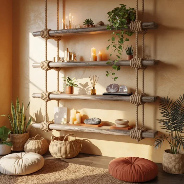 15 Boho Rope & Branch Hanging Shelves for Yoga Room Decoration , You Can DIY on a Budget