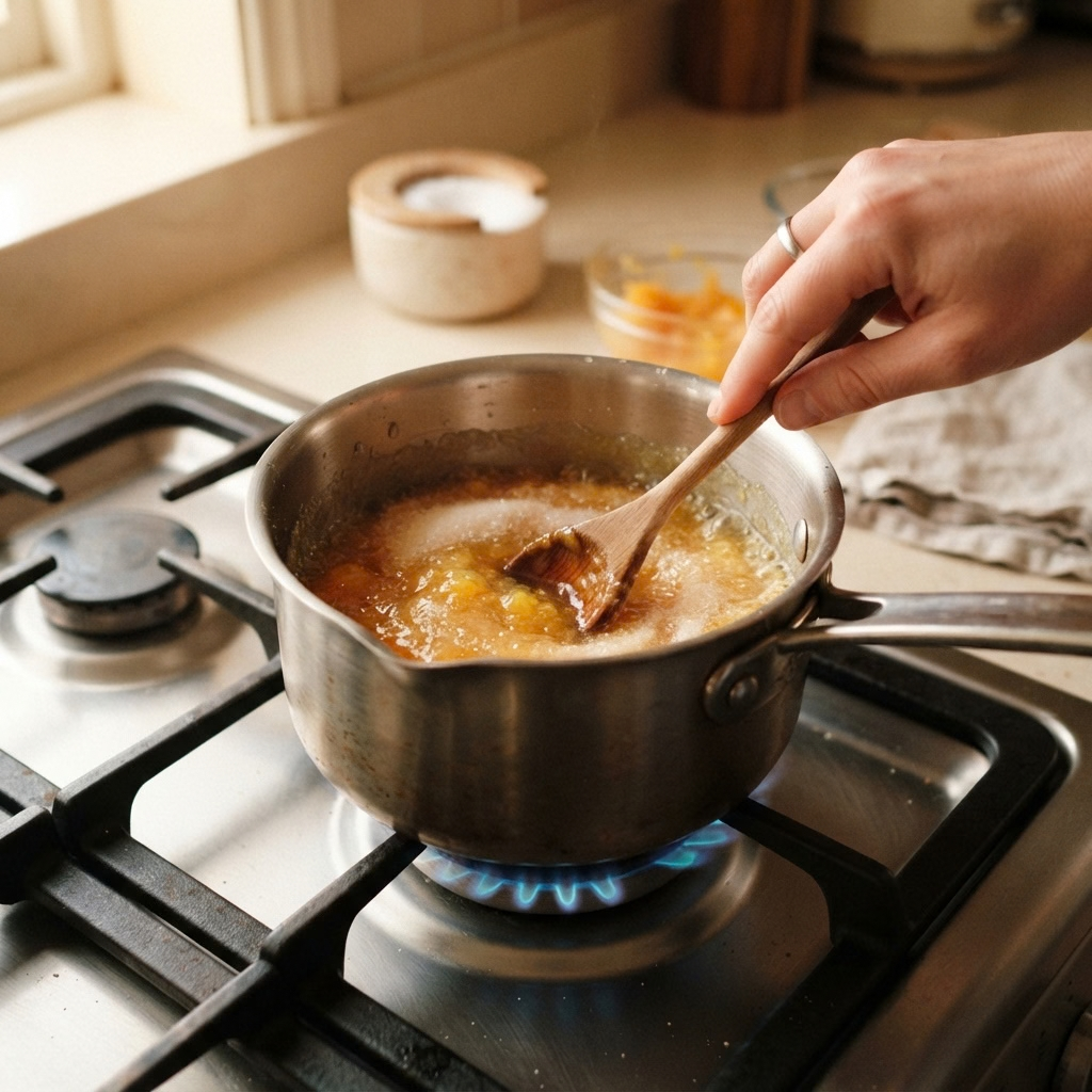 A first-person candid photo of a hand using a wooden spoon to stir orange juice and sugar in a stainless steel saucepan on a gas stovetop with a blue flame.