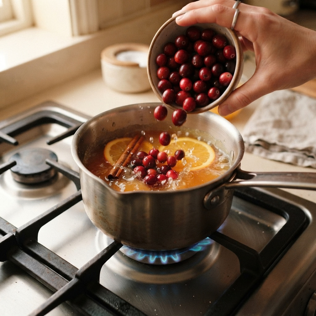 A close-up first-person shot of a hand pouring fresh cranberries into a saucepan of simmering orange juice, sugar, and orange slices on a gas stove.
