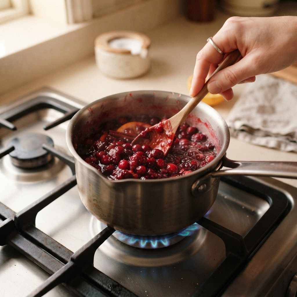 A hand gently stirring thick, bubbling cranberry sauce with a wooden spoon in a saucepan over a blue gas flame.