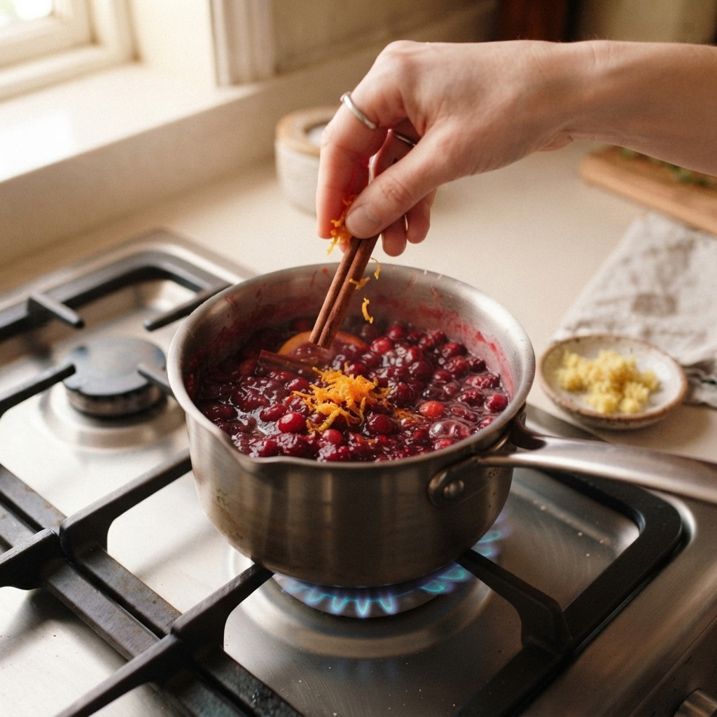 A first-person angle of a hand dropping a cinnamon stick and fresh orange zest into simmering cranberry sauce on a stovetop, with a small bowl of grated ginger nearby.