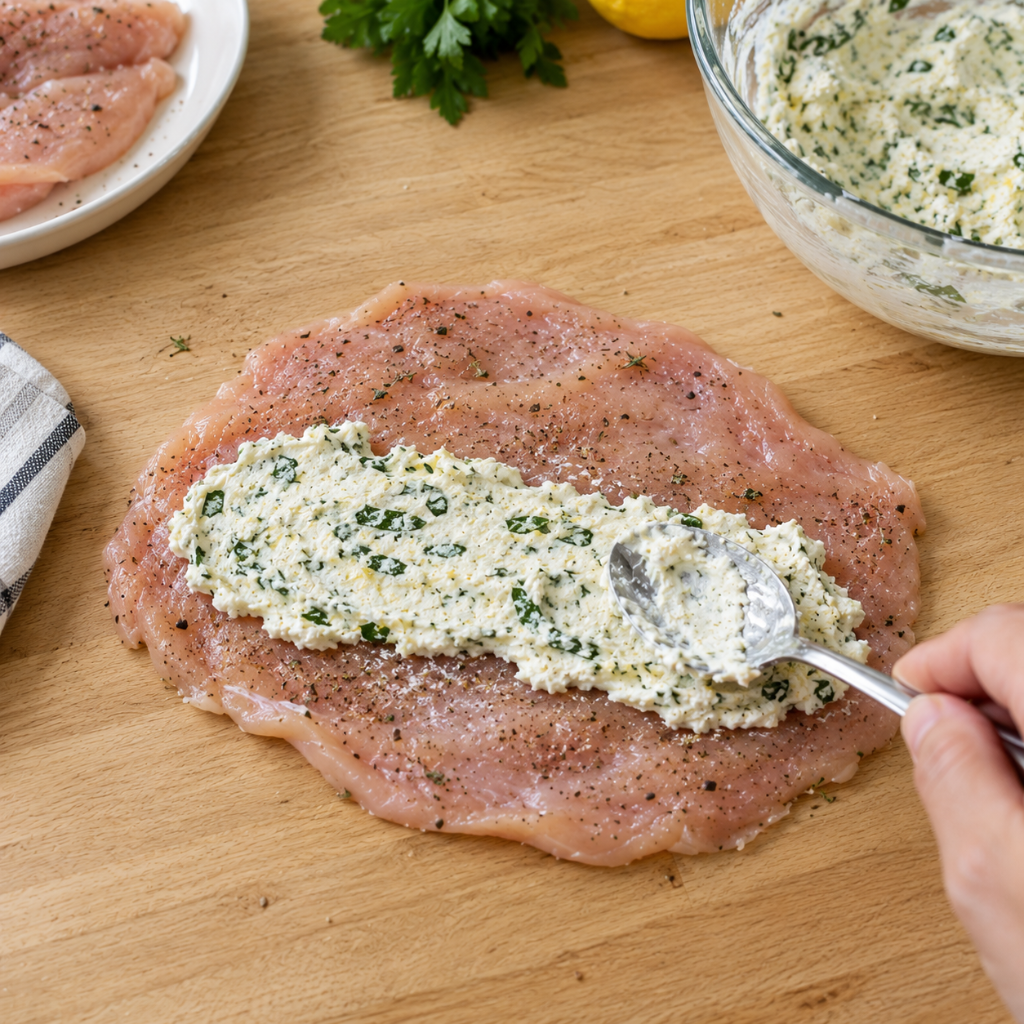 Hand spooning herbed ricotta filling onto a flattened chicken breast before rolling