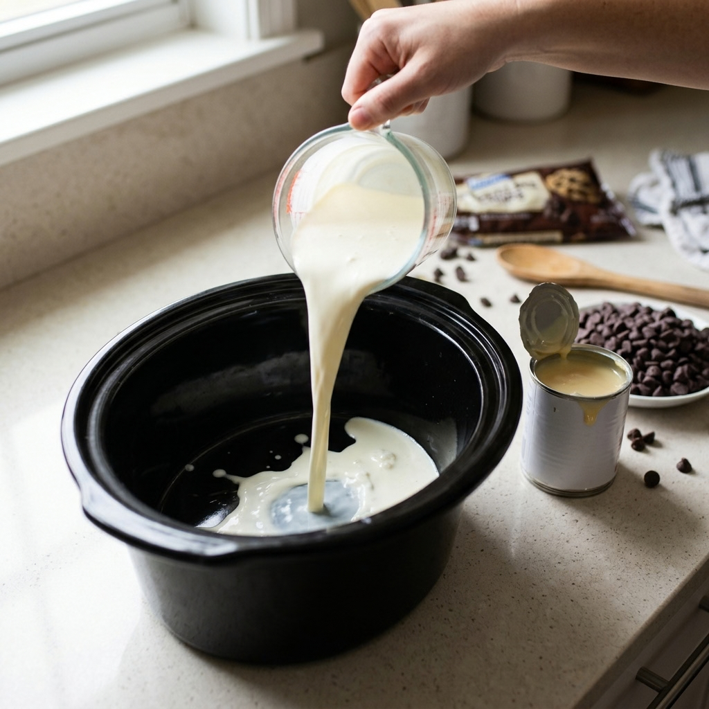 Step 1: Combine the Ingredients
Pouring heavy cream into a crock pot to prepare homemade slow cooker hot chocolate, with condensed milk and chocolate chips on the counter.