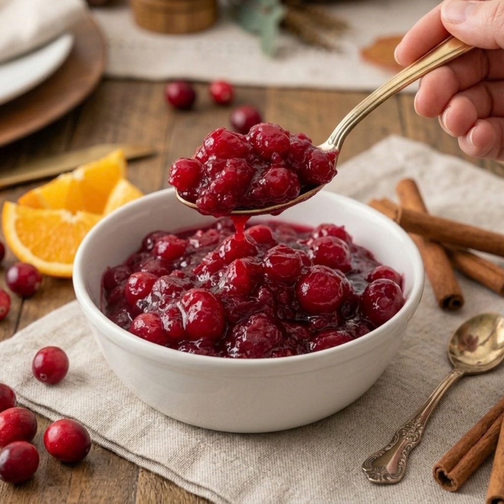 a golden spoon full of thick, glossy homemade cranberry sauce over a white bowl filled with the sauce, garnished with fresh cranberries, orange slices, and cinnamon sticks nearby.