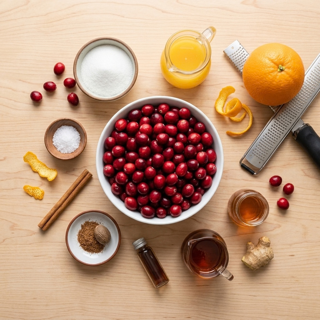 A comprehensive flat lay of all the ingredients needed to make cranberry sauce, arranged on a light wooden surface. In the center, a large white bowl is heaped with fresh cranberries. Around it, organized in various bowls and containers, are: a bowl of granulated sugar, a small bowl of coarse salt, a pitcher of orange juice, a whole orange with a spiral of zest and a stainless steel zester, two cinnamon sticks, a bowl of ground nutmeg with a whole nutmeg, a small glass bottle of vanilla extract, a pitcher of maple syrup, a jar of honey, and a fresh knob of ginger root. A few loose cranberries are also scattered on the counter. The lighting is bright and even, highlighting the vibrant colors and textures of all the components.