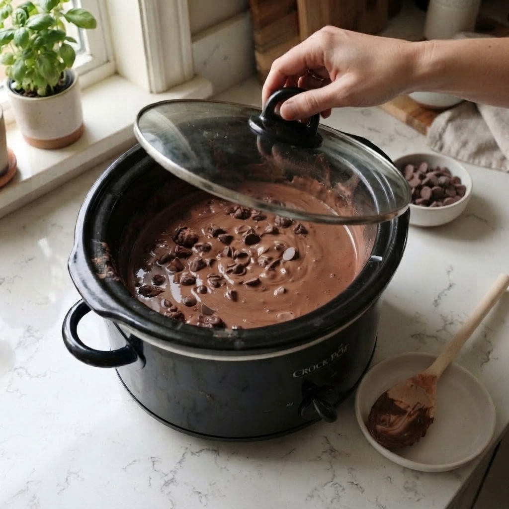 Step 2: Heat on Low
"A black Crock-Pot slow cooker containing rich hot chocolate with melting chocolate chips, being covered with a glass lid."