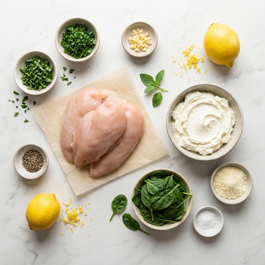ingredients for herbed ricotta stuffed chicken rolls including chicken breasts, ricotta cheese, fresh herbs, and garlic