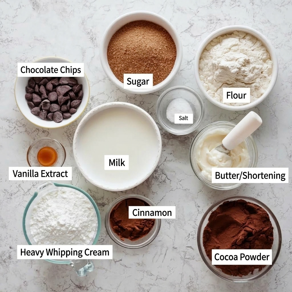 Ingredients for slow cooker hot chocolate including cocoa powder, chocolate chips, milk, heavy cream, sugar, and spices."