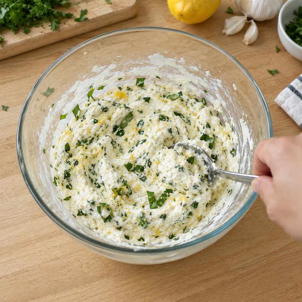mixing herbed ricotta filling with fresh parsley, basil, and lemon zest in a glass bowl
